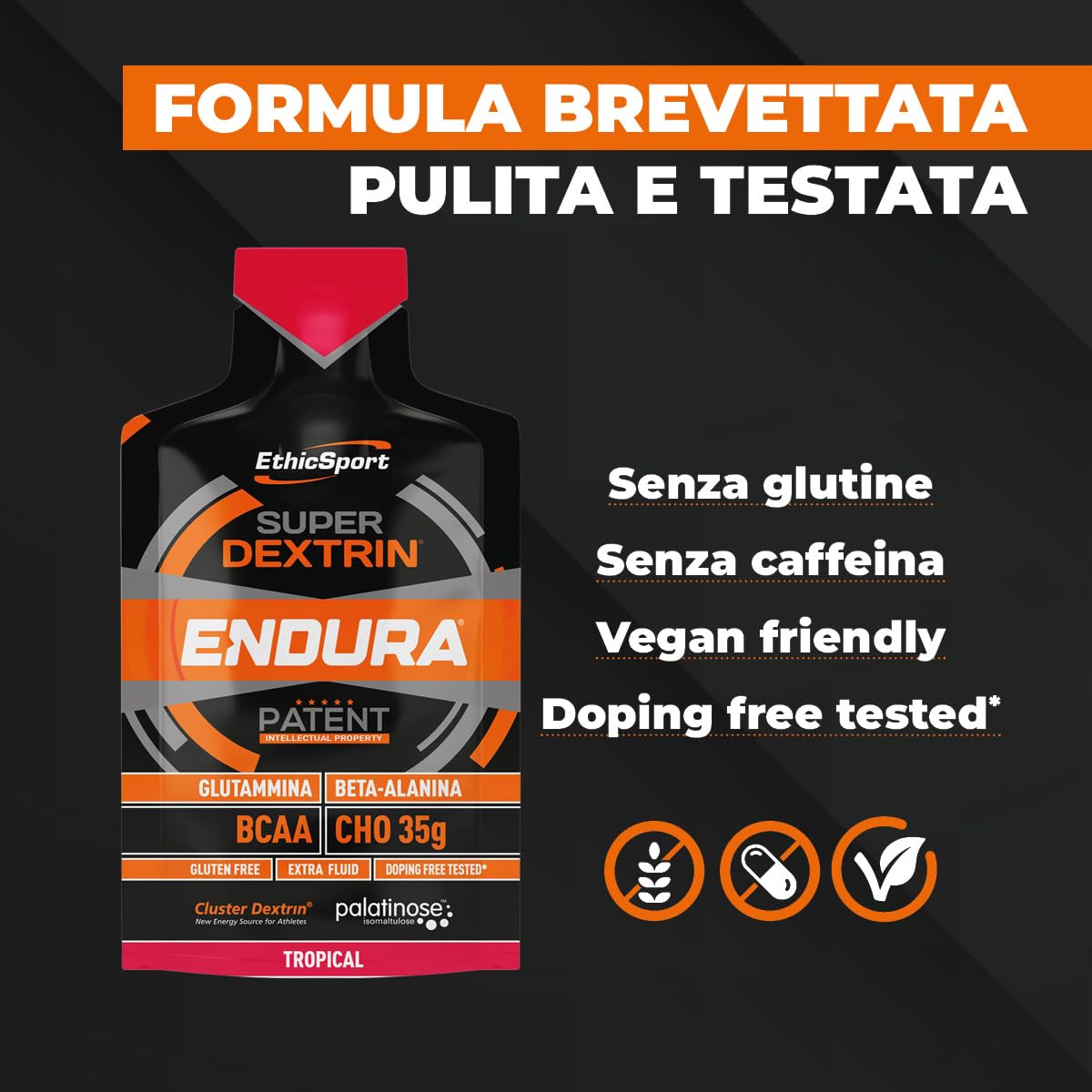 Super Dextrin ENDURA EthicSport – Gel energetico con carboidrati differenziati ed evoluti (Cluster Dextrin e Palatinose) – Senza caffeina - Confezione da 15 x 60 ml - Gusto Tropical