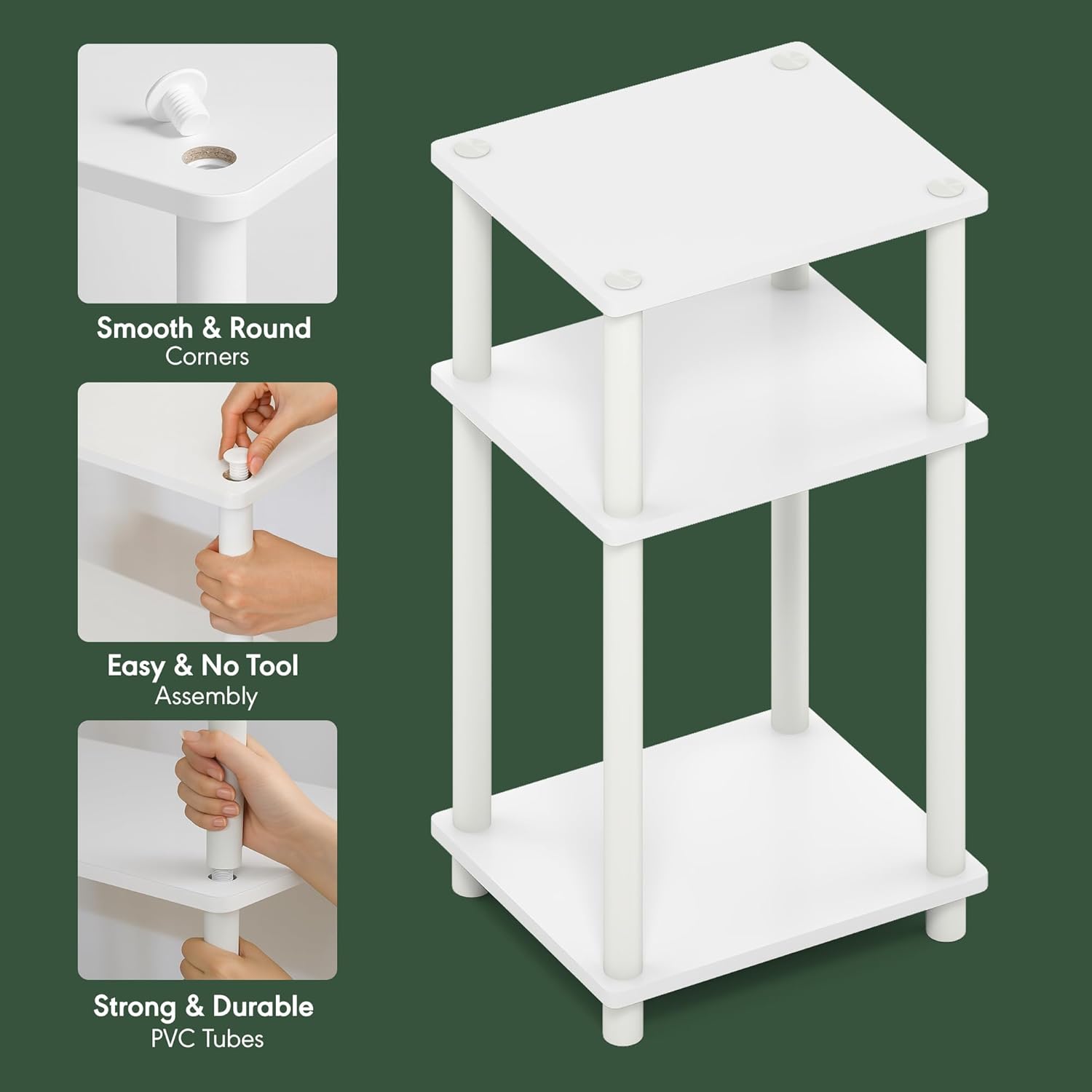 Furinno Turn-N-Tube Side Table, 3-Tier End Table with Open Shelf, Toolless Assembly Night Stand, Bedside Table, for Living Room, Bedroom, White