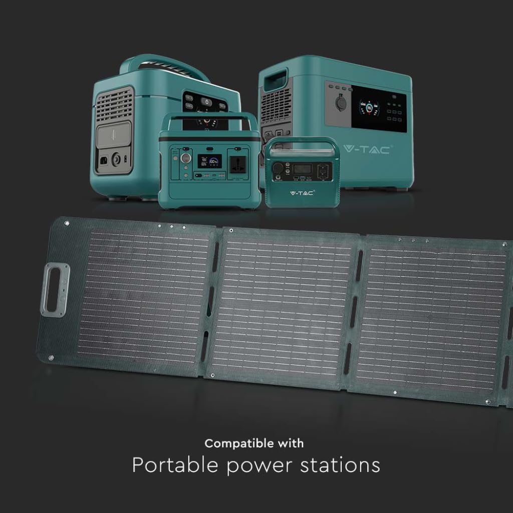 V-TAC Panneau solaire photovoltaïque portable pliable universel – 80 W – Monocristallin – Charge Power Station – Câbles et connexion XT60, DC – Ports USB-A et Type-C – Étanche IP67