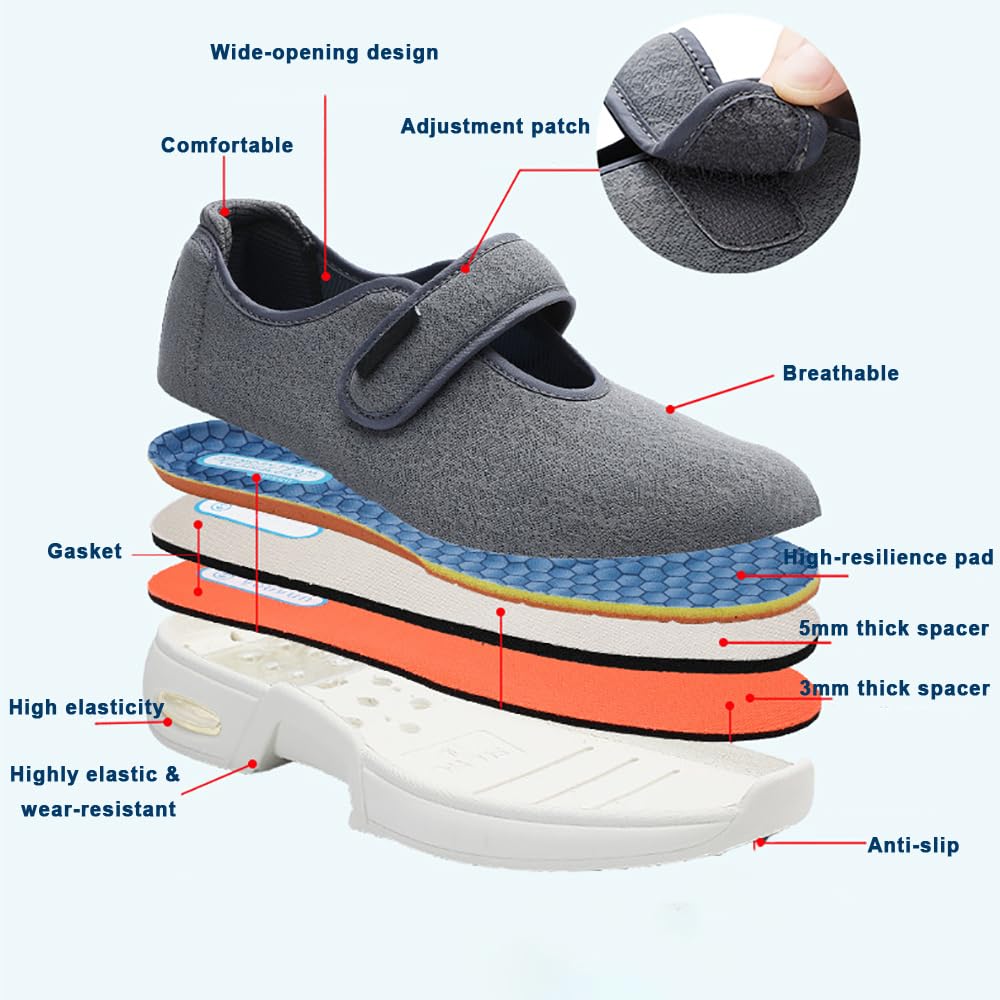 Zapatos para Diabéticos Calzado Ortopédico Fácil De Poner Zapatillas De Ancho Especial Calzado Ajustable con Plantilla De Espuma Viscoelástica Y Suela Antideslizante Ligera