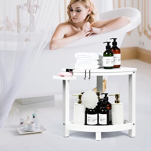 Miniatura 6 de Ollieroo 2-Tier Bamboo Corner Shower Stool for Shaving Legs, Waterproof Shower Bench with Storage Shelf and Soap Dish, Shower Chair for Inside