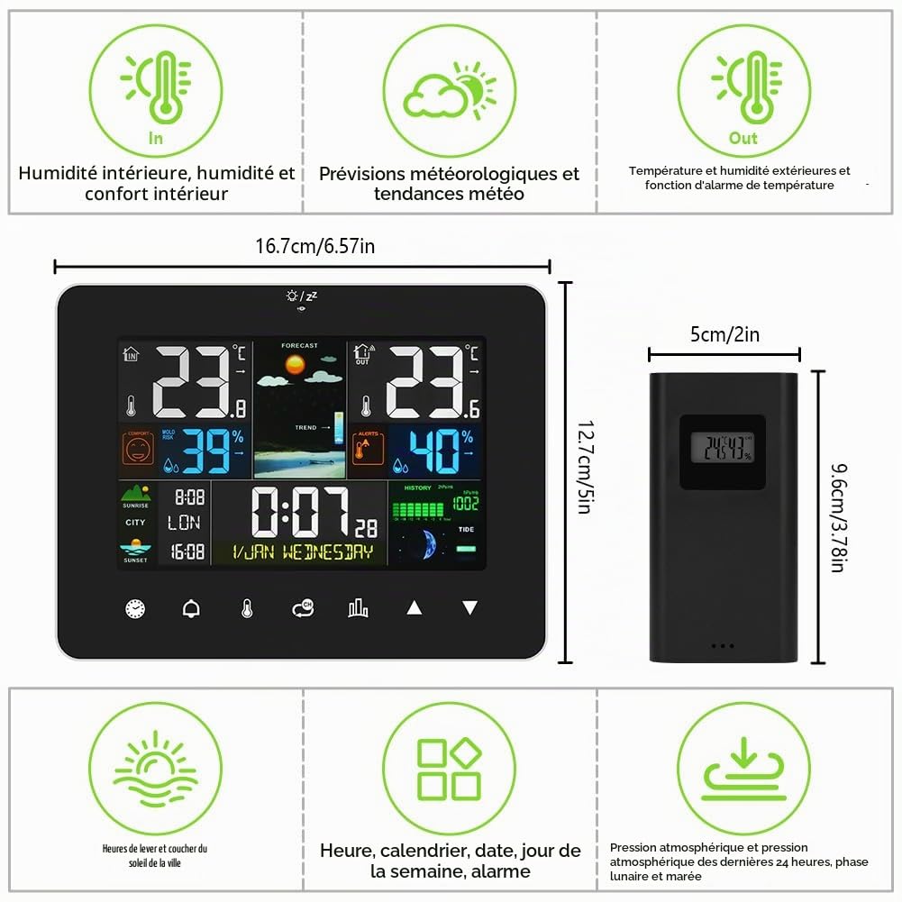 OFFCUP Station Météo Professionnel Sans Fil, Thermomètre Numérique avec Capteur Exterieur Interieur, Écran LCD Couleur Hygromètre Baromètre Prévisions Météo 8 Heures pour Maison, Jardin