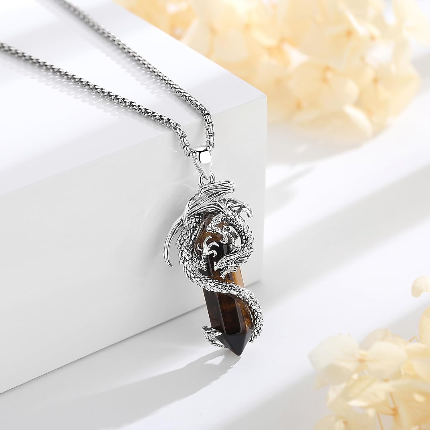 EUDORA Vintage Dragon Necklace with Healing Crystal for Women Men, Silver Plated Copper Viking Dragon Pendant Amulet Energy Gothic Jewelry, Gift for Women Men Dad Mother Mom, Chain 20" +24" - Image 2