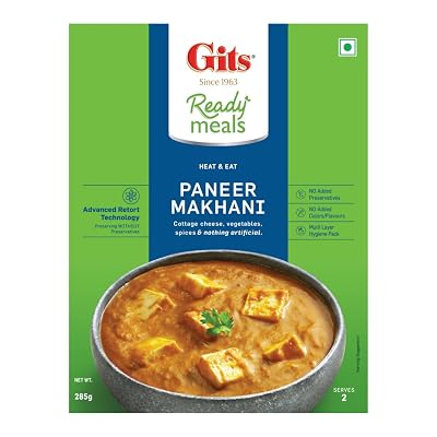 Gits Ready to Eat Paneer Makhani, Pure Veg, Heat and Eat Spicy Curry, Microwaveable, 285g