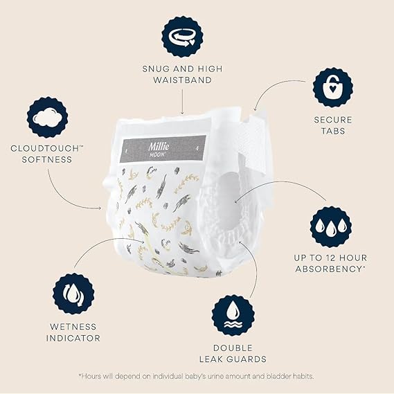 Millie Moon Luxury Diapers - Size Newborn (<9lbs), 88 Count, CloudTouch Ultra Soft Diapers, Up to 12hr Absorbency, Double Leak Guard and Wetness Indicator