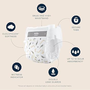 Millie Moon Luxury Diapers - Size Newborn (<9lbs), 88 Count, CloudTouch Ultra Soft Diapers, Up to 12hr Absorbency, Double Leak Guard and Wetness Indicator