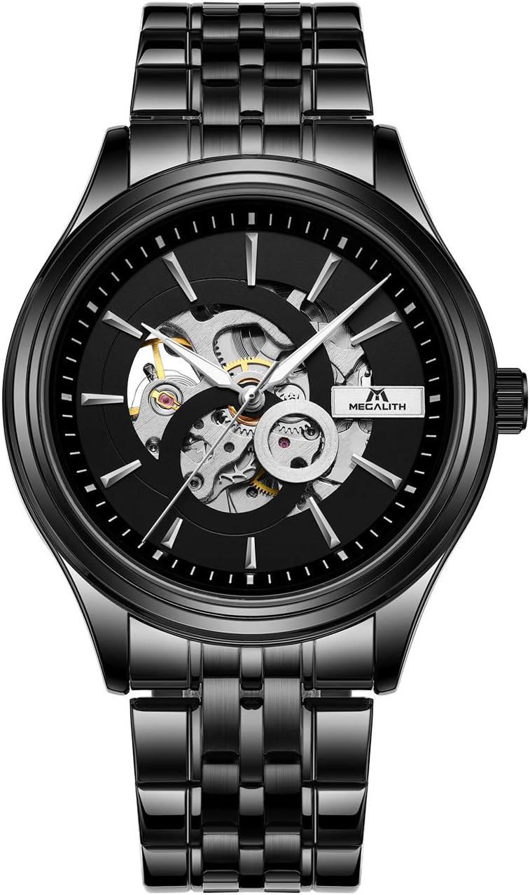 MEGALITH Mens Watches Men Mechanical Automatic Waterproof Designer Skeleton Stainless Steel Wrist Watch Classic Date Calendar Moon Phase Analogue Watches for Man
