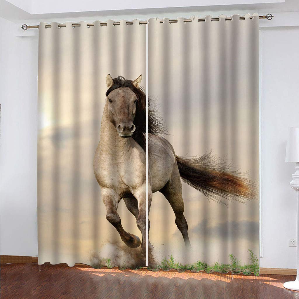 Rideaux occultants opaques à oeillets beige et motif cheval 2 pièces