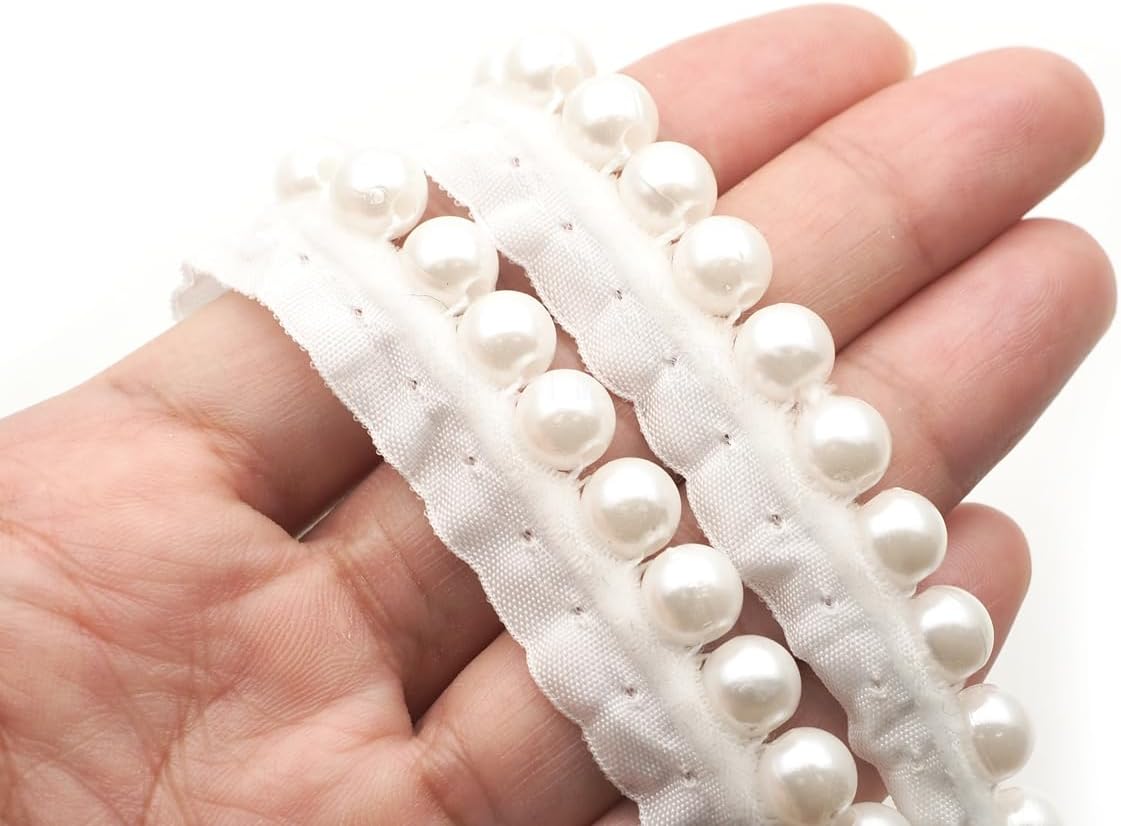 CRAFTMEMORE Pearl Bead Tassel Fringe Lace Edge Trim Ribbon Edging Trimmings Fabric Embroidered Applique Sewing Craft Wedding Bridal Dress TG02256 (Black, 10 Yards)