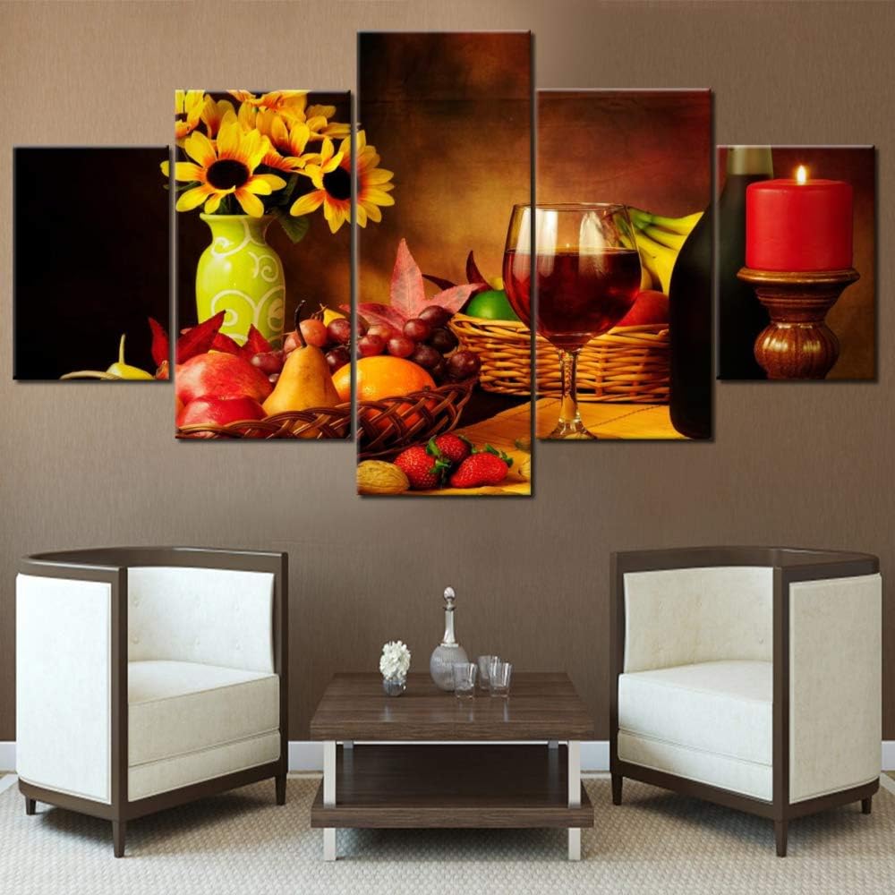 Red Wine Art Work for Home Walls 5 Panel Red Candle Paintings HD Prints Colorful Fruit and Wine Wall Art on Canvas Sunflower Pictures for Living Room Framed Gallery-Wrapped Ready to Hang(60''Wx32''H) 60 in x 32 in (W x H) Artwork-03