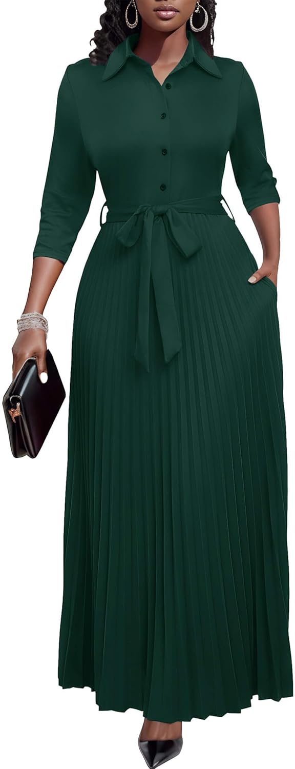 Runwind Maxi Dresses for Women, 3/4 Sleeve Botton Down Pleated Long Dress with Belt Casual Church Dress with Pockets
