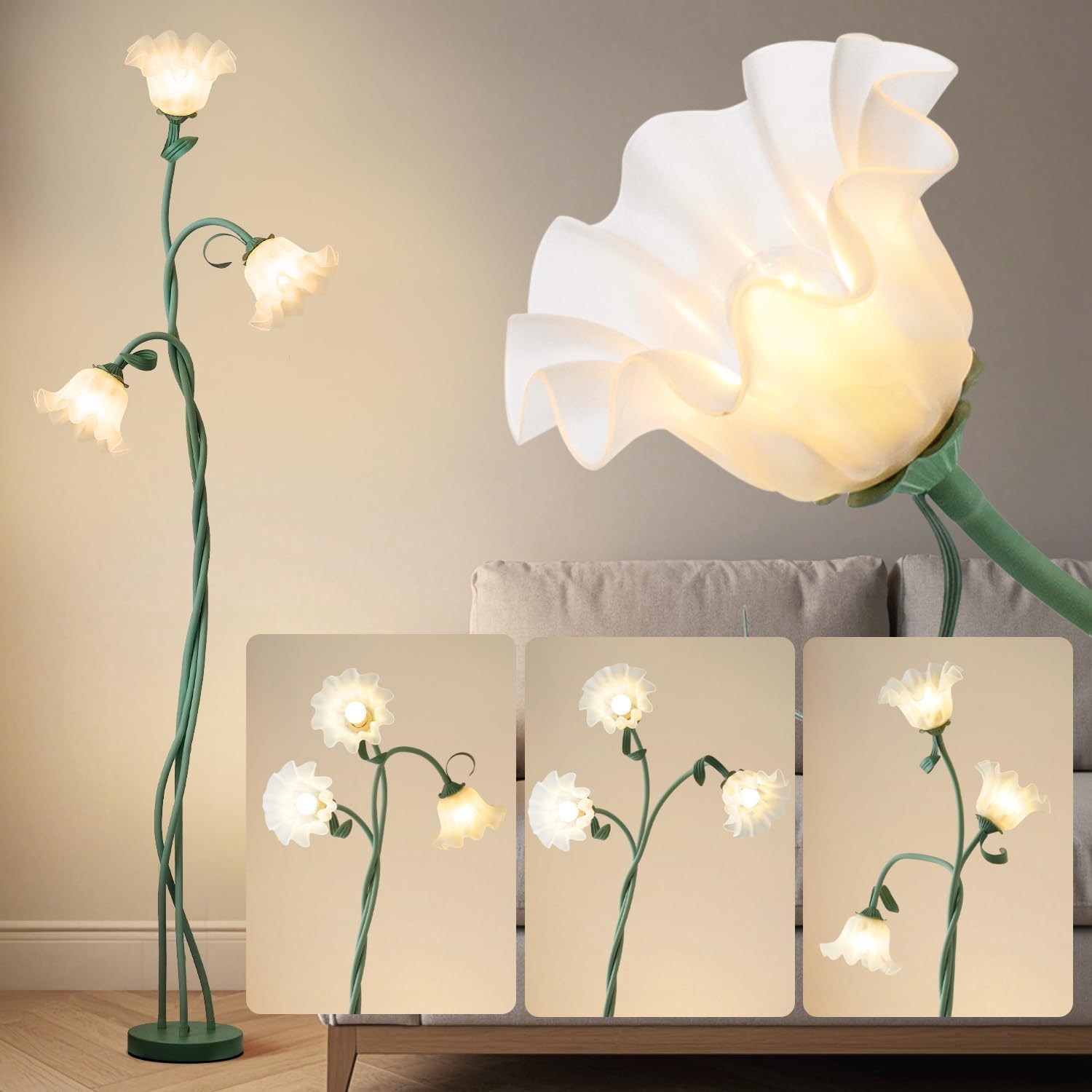 WERFOP Flower Standing Lamp for Bedroom, Cute Floor Lamp with Flexible Neck, Bulbs Included, 3 Color Temperatures Vintage Tall Reading Lamp for Home Living Room Corner (Green)