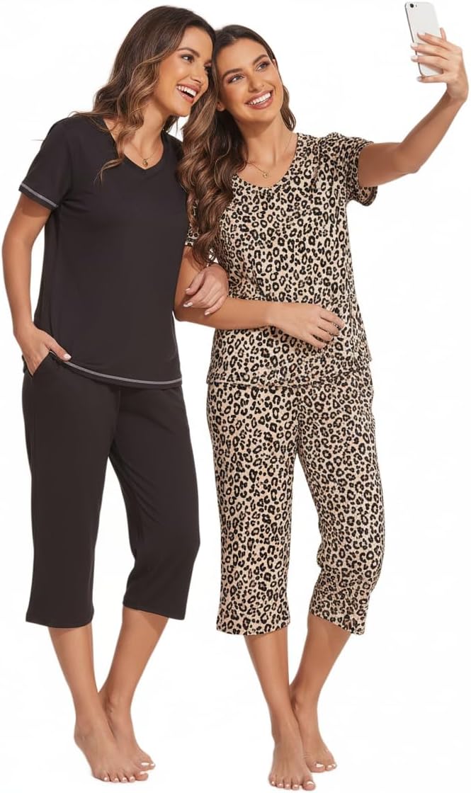 Ekouaer 2 Pack Women's Capri Pajama Sets Short Sleeve Two-Piece Pjs V Neck Tops & Pants Printed Lounge Sets S-3XL - Image 2