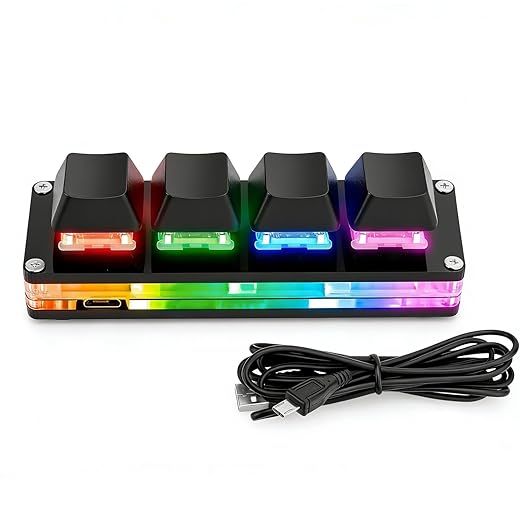 aikeec Black Mini 4-Key Keypad Mechanical Gaming Keyboard, Self Programming,OSU Hot Swap Game Keyboards with 1.5m USB-C Data Cable（Upgrade Cherry Shaft &RGB LED）