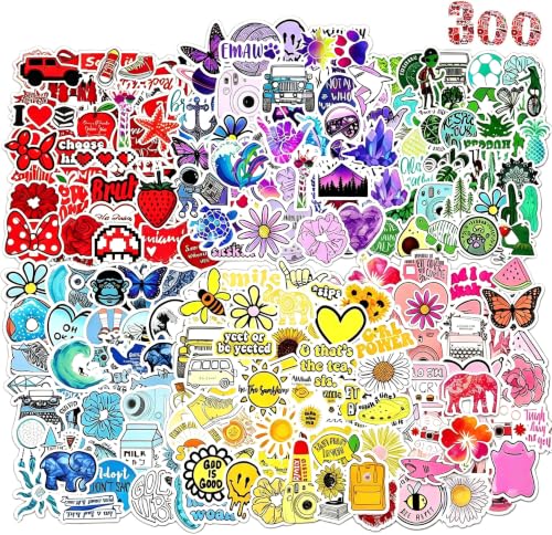 Water Bottle Stickers 300 Pcs Colorful Fun Sticker Pack Waterproof Vinyl Stickers for Water Bottles Laptop Scrapbook Journal Luggage Tumbler Skateboard Notebook Guitar Scooter Cup Binder Diary etc