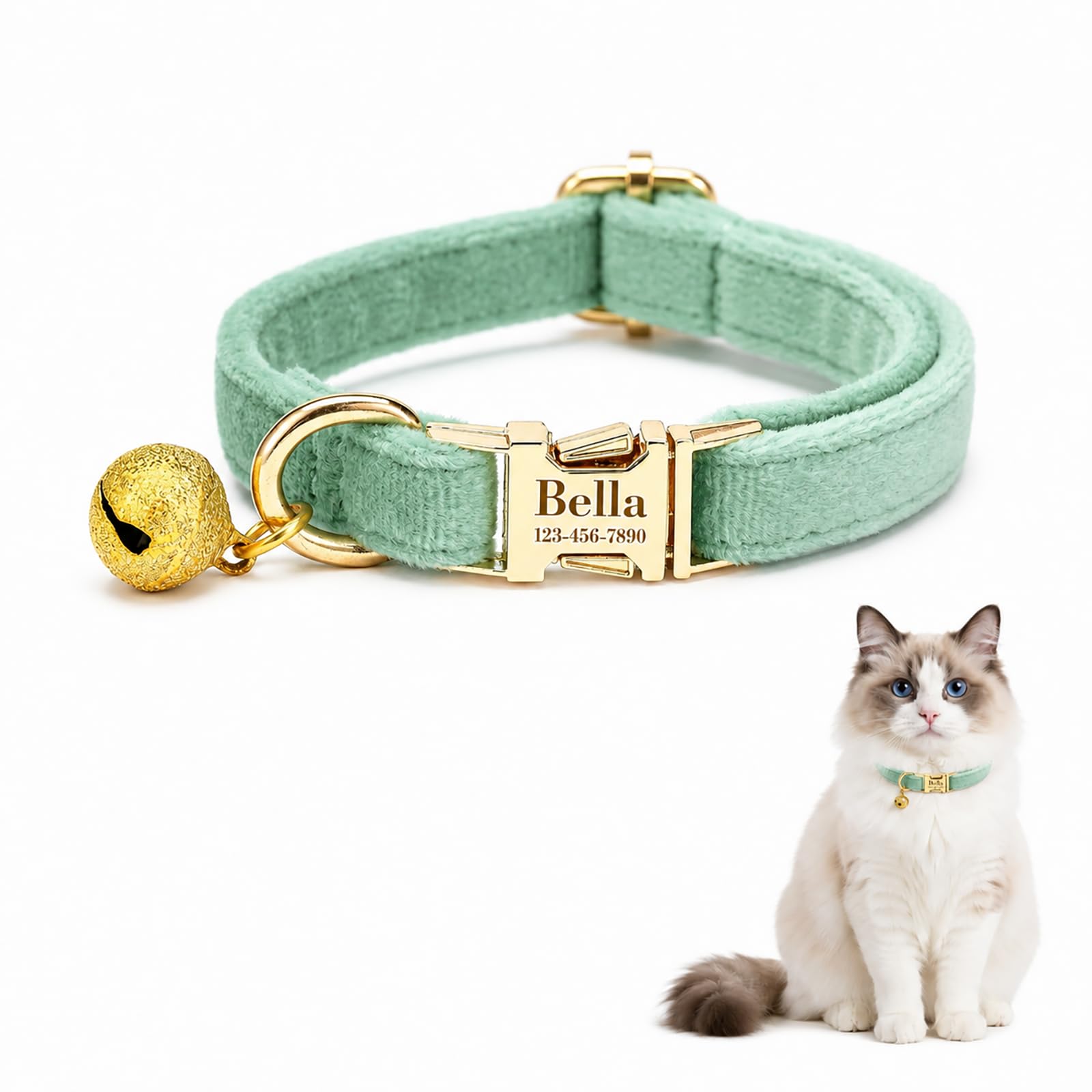 Custom Cat Collar with Bells Personalized Small Cat Collar Engraved Name &amp; Phone Number with Secure Metal Quick-Release Buckle Adjustable (Light Green)