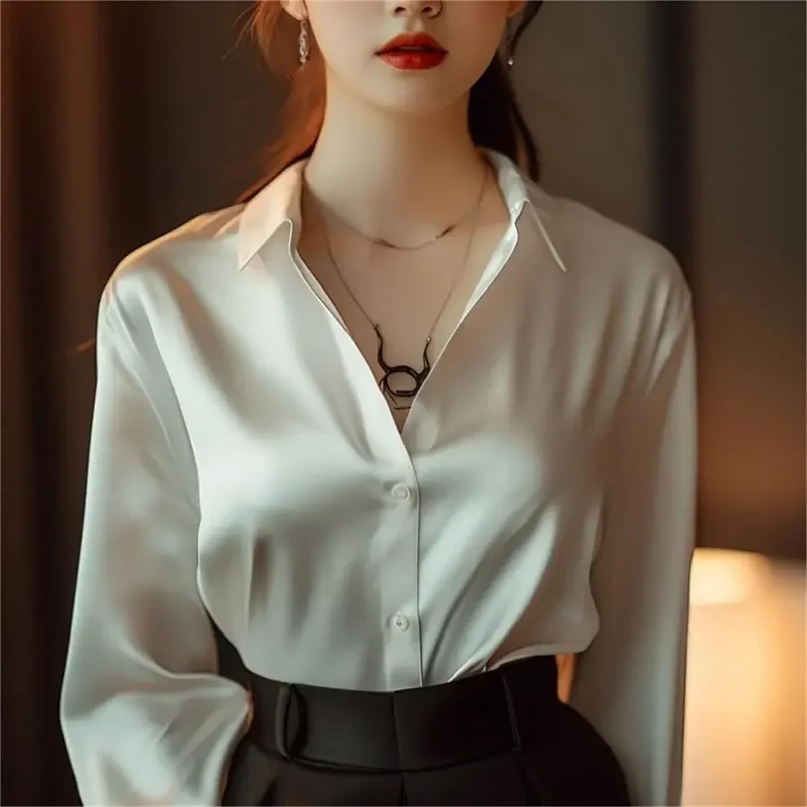 Camicie in raso da donna camicetta vintage a maniche lunghe con bottoni camicia da ufficio da donna maglietta casual da donna
