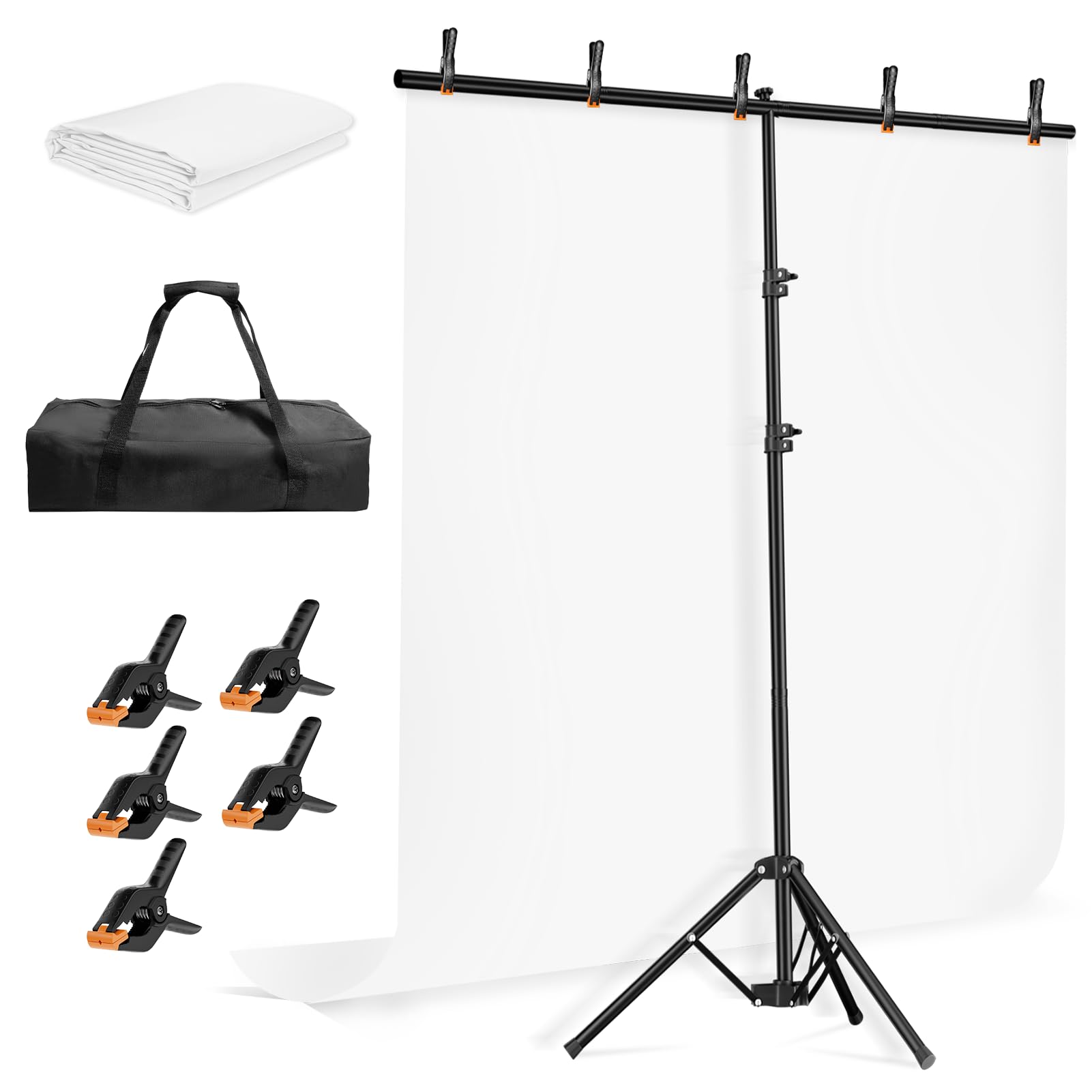 EMART 5 * 6.5ft White Photo Backdrop with Stand Kit for Photography Video Studio，White Screen Photoshoot Background Curtain with T-Shaped Portable Backdrop Stand Carrying Bag 5 Clamps