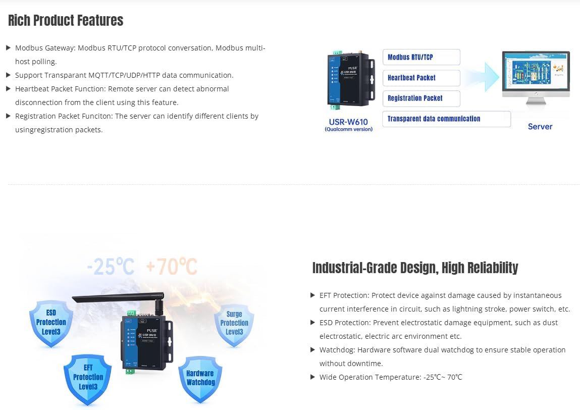 USR-W610 Qualcomm Version Serial RS232 RS485 /Ethernet to Wi-Fi Converter 2·4G Wi-Fi Serial Server Support MQTT/TCP/UDP/HTTP Data Communication