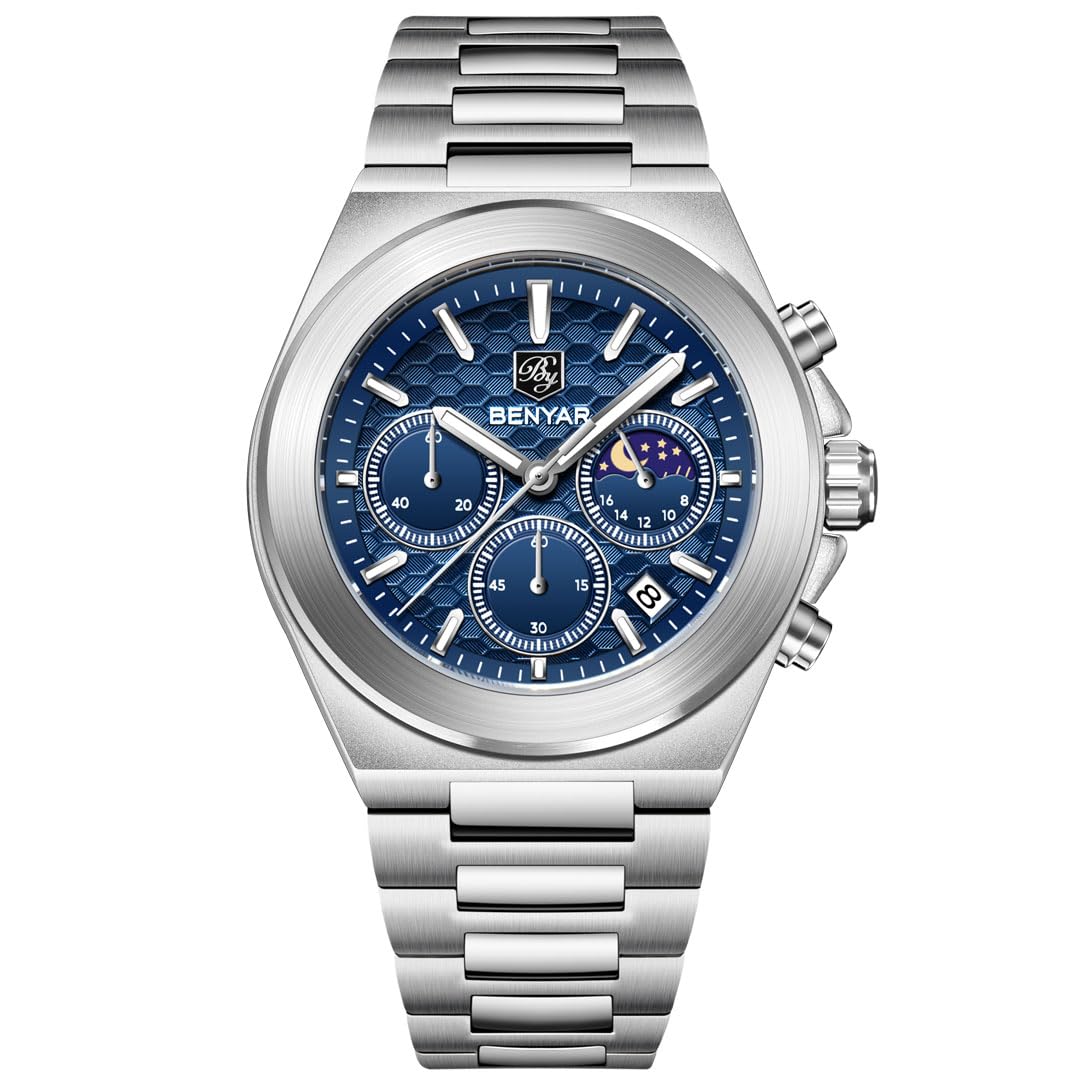 BENYAR BY-5220m - Orologio da polso da uomo, cronografo da uomo, con fasi lunari, impermeabile, 40 mm, in acciaio inox, analogico, al quarzo