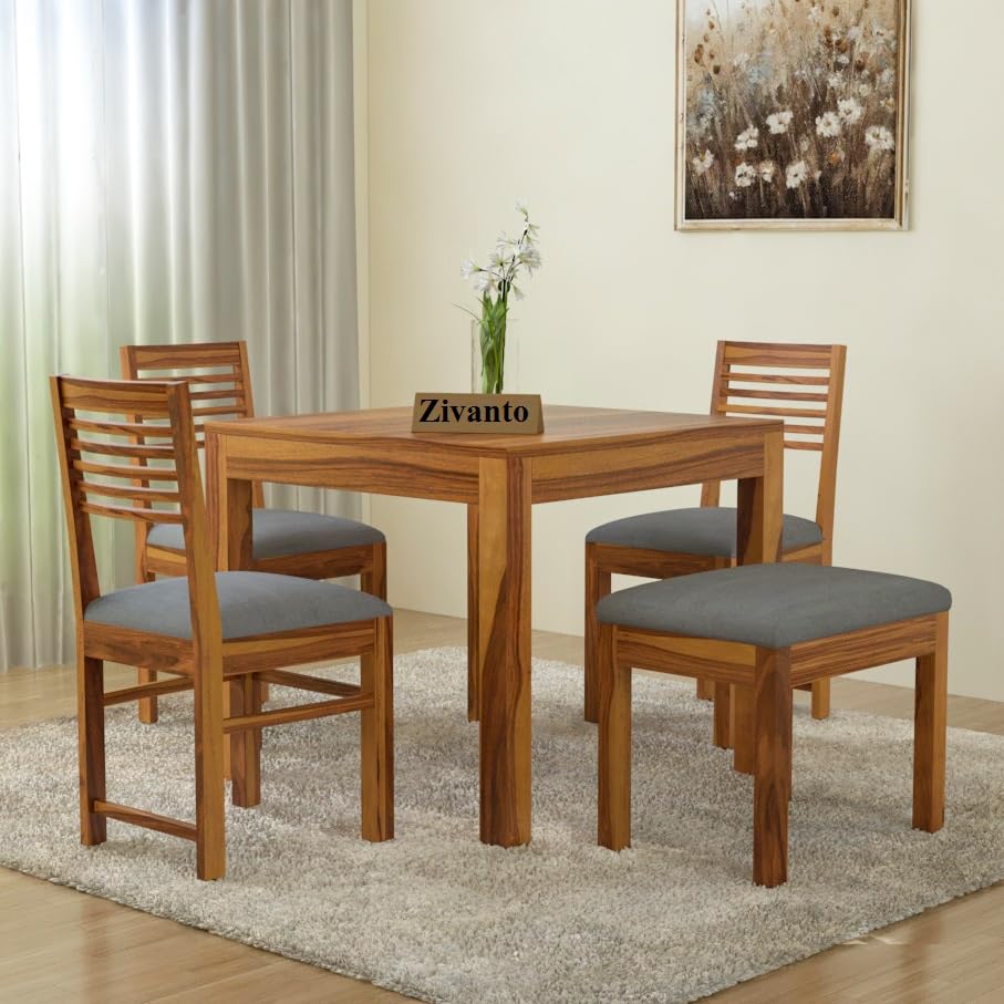 Image of Sheesham Wood Dining Table 4 Seater | Square Four Seater Dinning Table with 3 Chairs & 1 Bench for Home | Wooden Kitchen Dinner Table 4 Seater | Dining Room Sets for Restaurants | Teak Finish