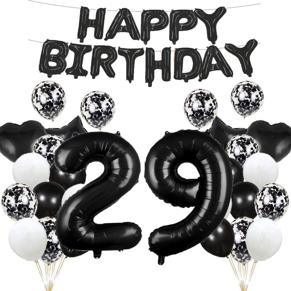 GLZLMM 29 Number Balloons & Black Birthday Balloon Set - 29th Party Decorations Kit for Adults, Includes Two & Nine Foil Numbers, Happy Birthday Banner, Latex and Confetti Balloons