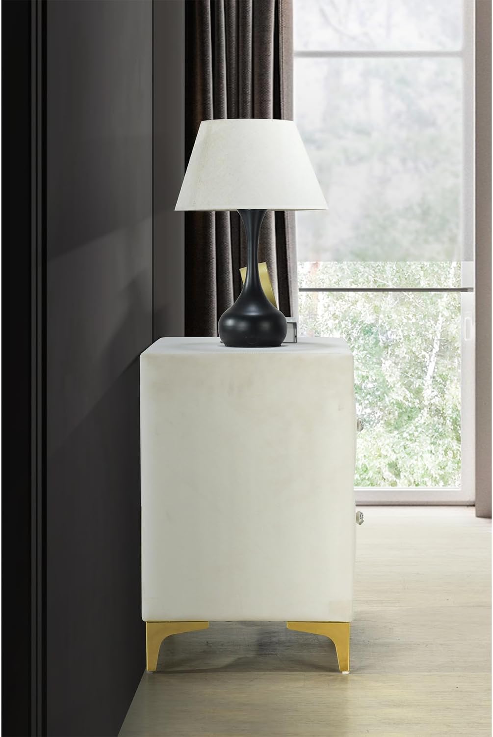 Better Home Products Monique Velvet Nightstand with Gold Legs and Gold Trim, Crystal knobs - Fully Assembled. (Cream)