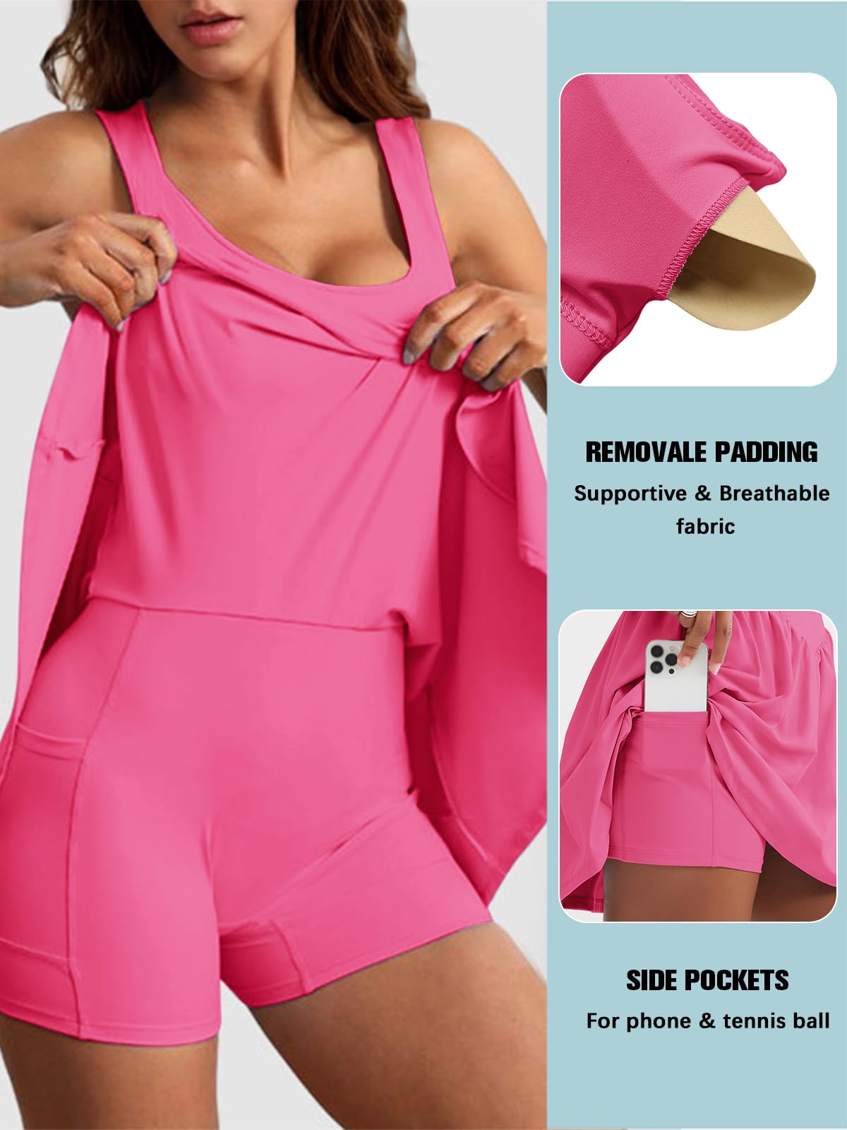 Sexyasasii Abito estivo da tennis da donna con pantaloncini integrati e reggiseno Suqare Neck Allenamento Esercizio Attivo Golf Abiti