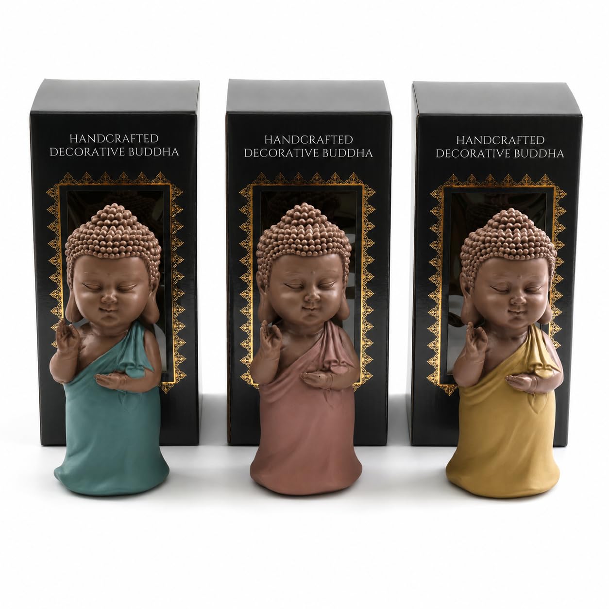 3 x Handcrafted Decorative Buddha Figurines Set, Mini Buddha Statue Ornaments with Gift Boxes, Colour Robe Buddhist Monk Figures for Home Décor, Shelf, Desk, Meditation Room, Yoga & Spiritual Gifts