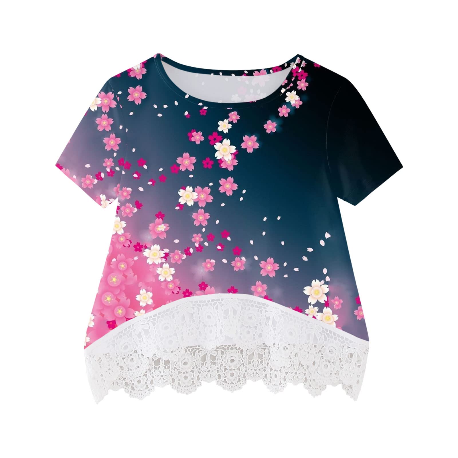 Generic Túnica casual para niña con estampado floral floral tops de encaje de manga corta suelto blusa suave camiseta top camisa niños 146