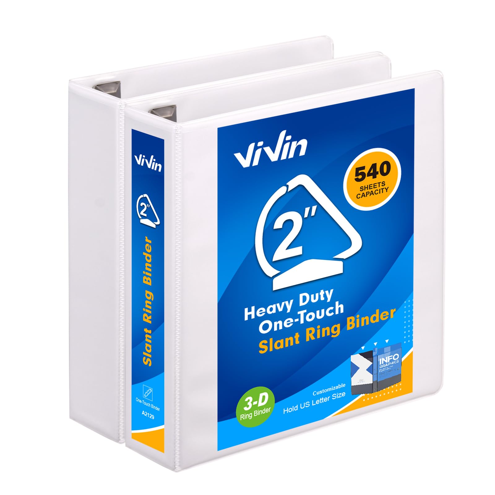 ViVin 2 Inch Slant-D View Binder, Single-Tap 3 Ring Binder 2", Fits 8.5" x 11" Paper, White,2 Pack