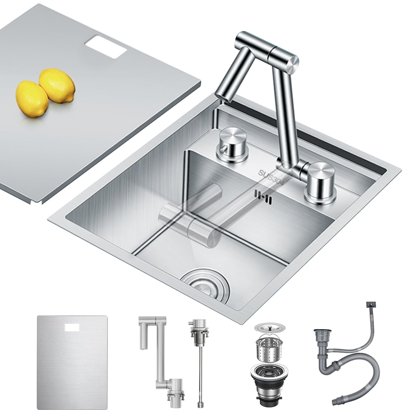 Hidden Concealed Kitchen Bar Sink with Folding Faucet, Hidden Stainless Steel Undermount Workstation Bar Single Bowl Sink for Small Kitchen Prep RV (Silver A, 35x45x22CM)