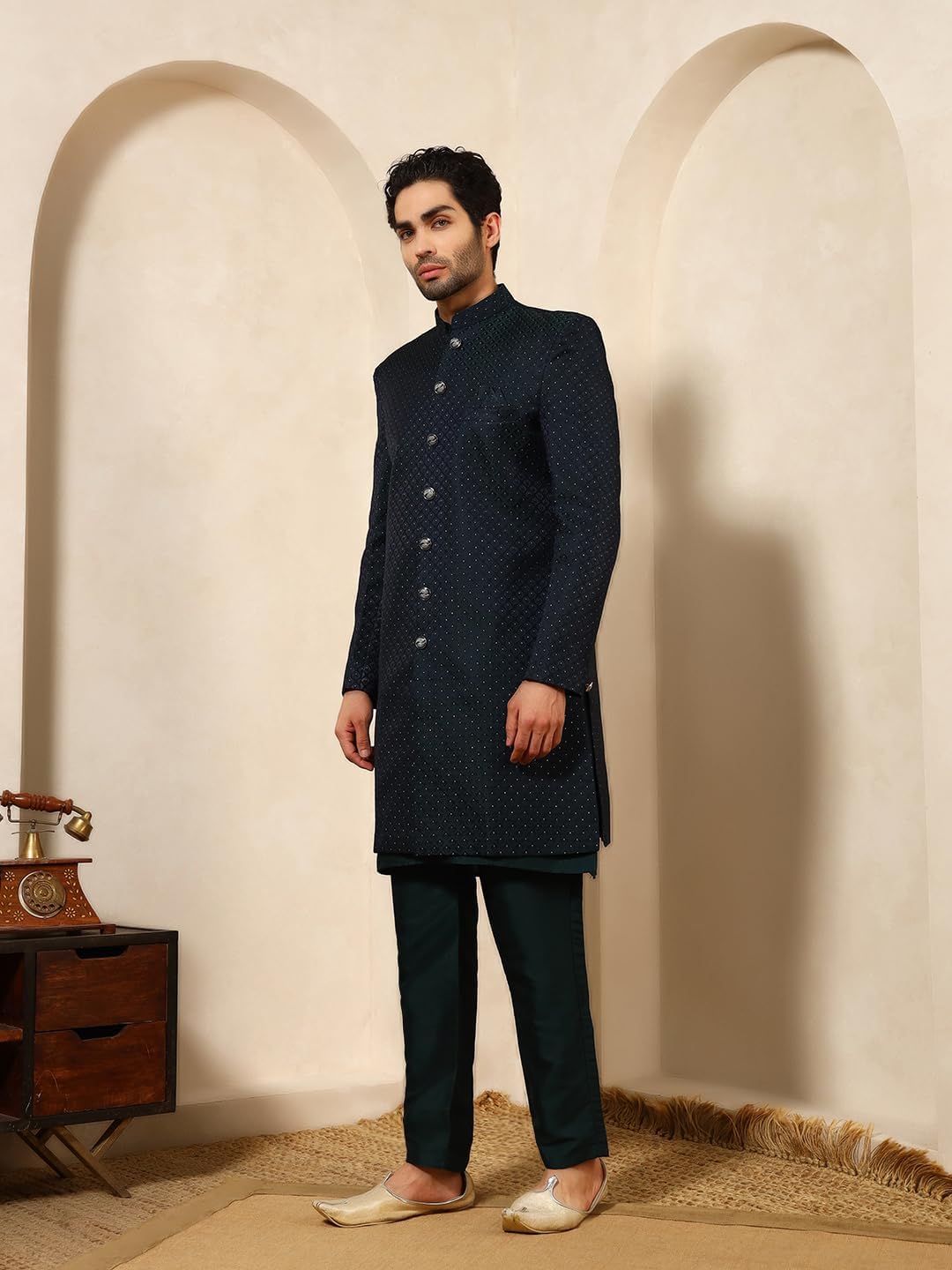 Pro-Ethic Style Developer Cotton Indo-Western Set with Embroidered Long Jacket for Men (C-129)