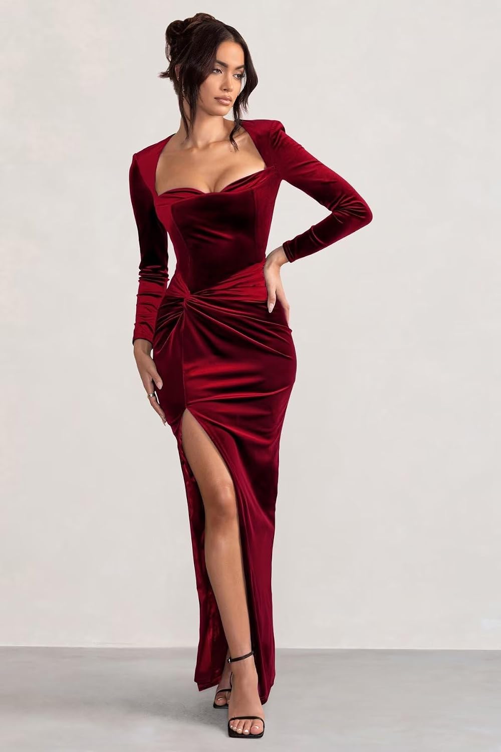 vintys Women's Sexy Long Sleeve Velvet Bridesmaid Dress Emerald Green Pleated Sweetheart High Split Formal Evening Dresses for Juniors Ruched Prom Dress 6