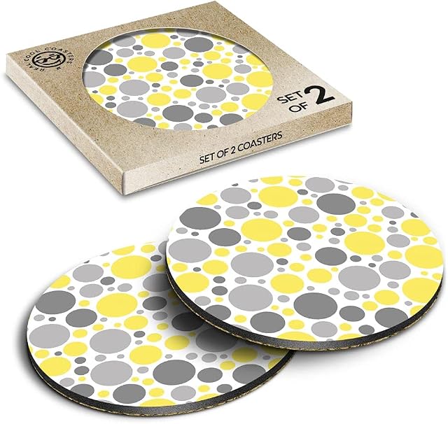 2 x Eco Boxed Cork Coasters - Yellow Grey Large Dots Pattern Print Drink Cup Mug Glass Table Mat #46501