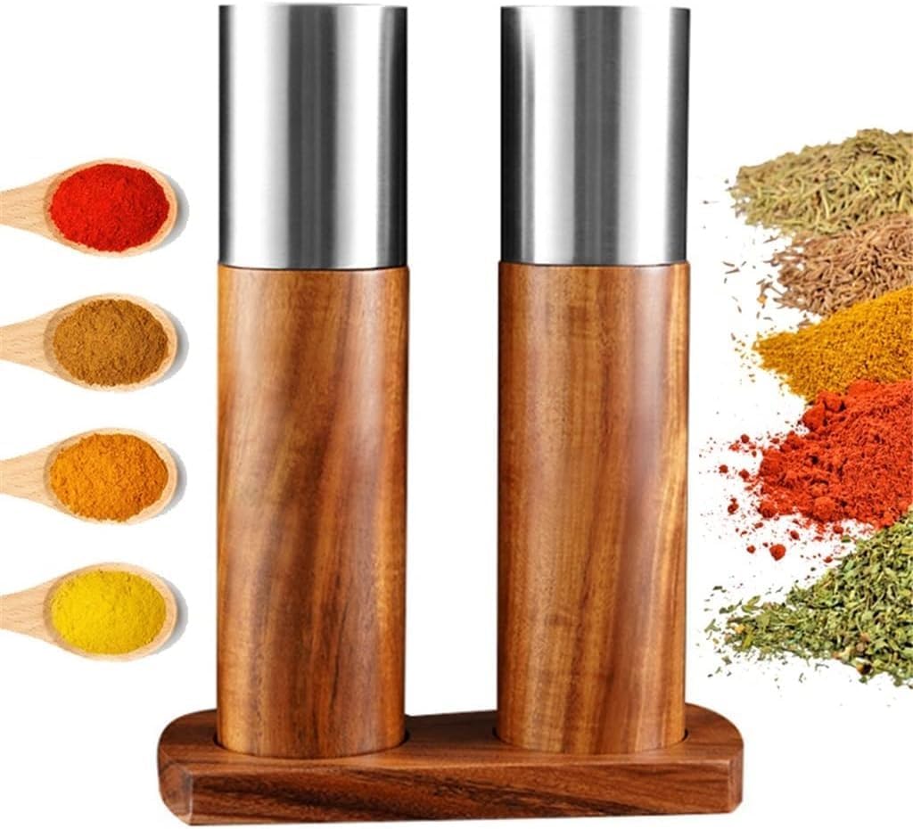 Wood Pepper Grinder with Holder Salt and Pepper Grinder Set Wooden Kitchen Spice Mill Adjustable Coarseness Pepper Mill