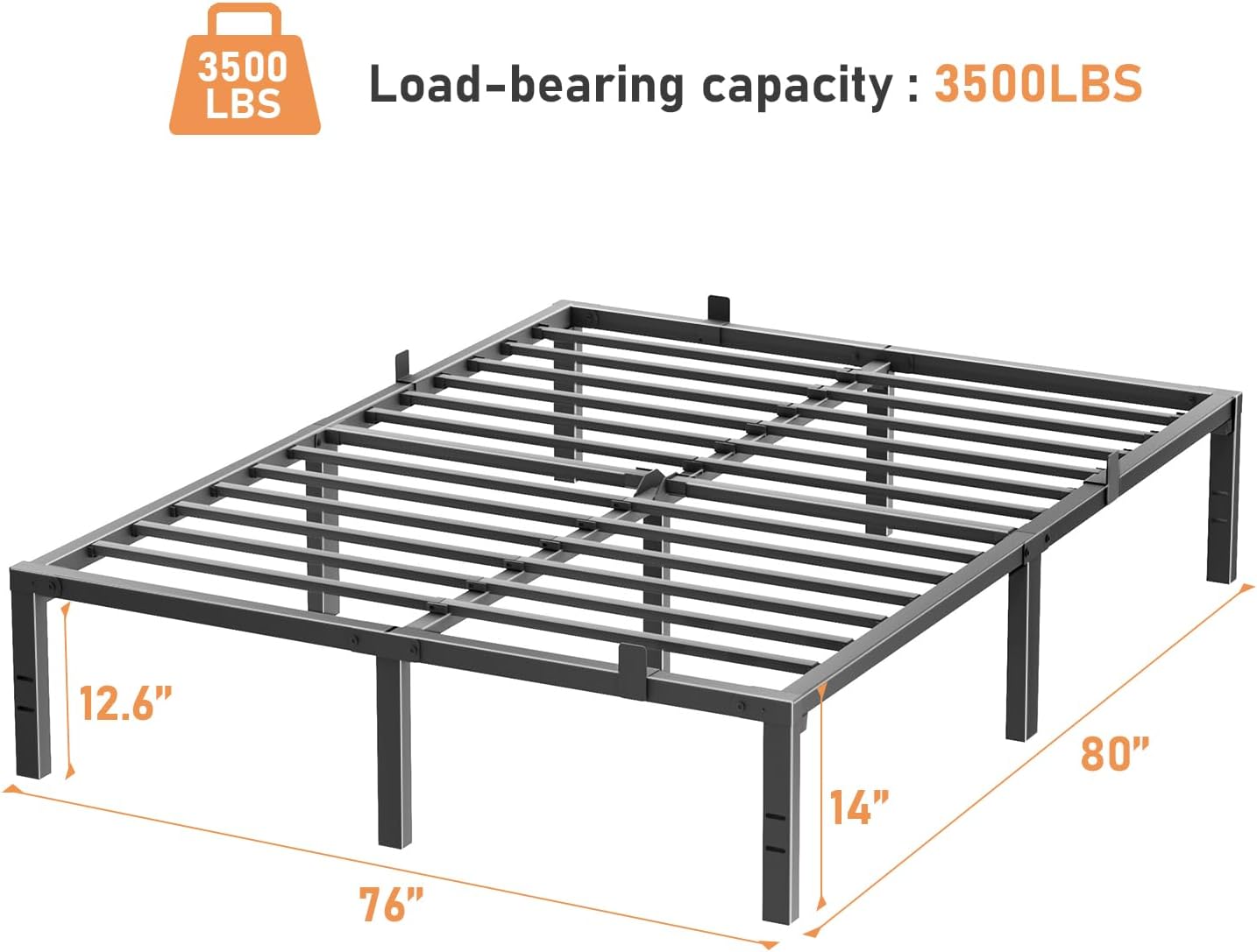 14 Inch King Size Bed Frame, Heavy Duty Metal Platform Bed Frame King Size with Fixed Buckle, Storage Space Under Frame, No Screws Required, No Box Spring Needed, Black