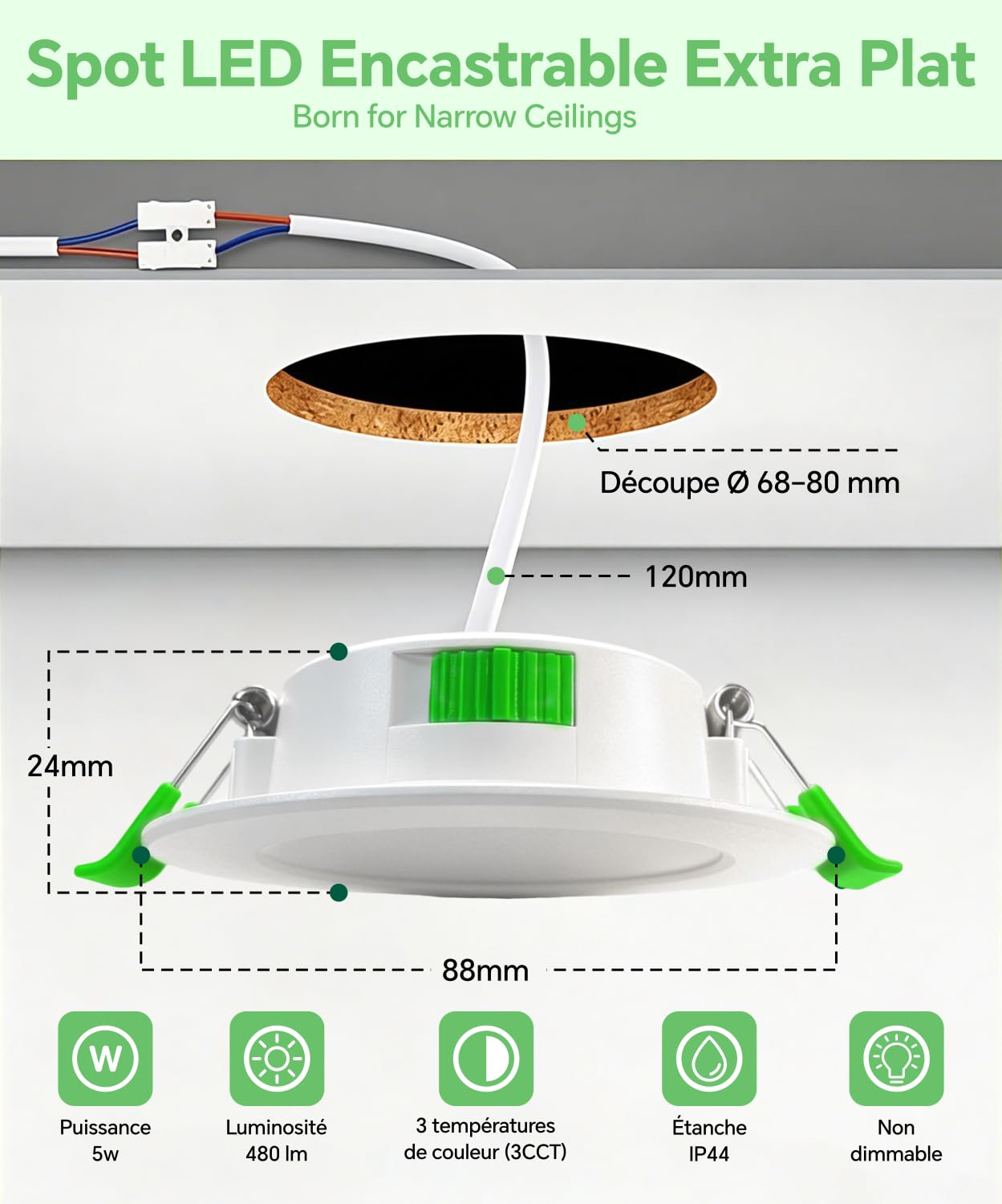 Spot LED Encastrable Extra Plat 5W 480LM, Spot LED Encastrable 68mm-80mm, Blanc Chaud 2700K Blanc Neutre 4000K Blanc Froid 6000K Réglable, IP44 Spots de Plafond LED Salle de Bain, Lot de 12