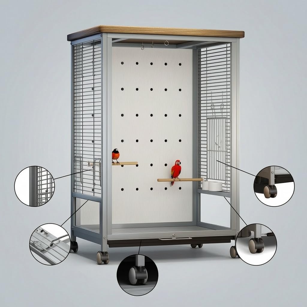 Vogelbehausung groß für Papageien Sittiche, Robustes Metall mit tür, für Vogelhaltung, Color to 4, Großer gehärteter Glas Heimvogelkäfig [Basismodell] 11-teiliges Set, Grau