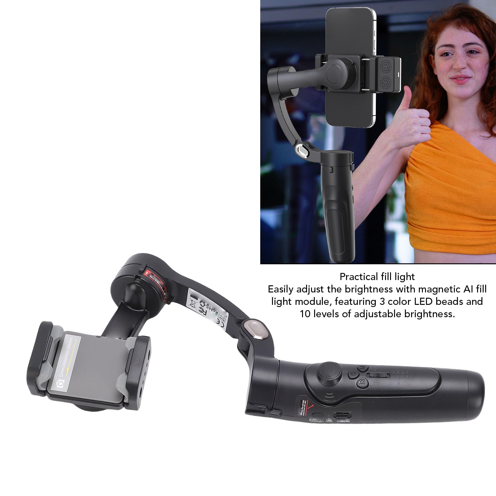 Luocute Stabilisateur de Téléphone, éclairage Magnétique AI, 10 Niveaux de luminosité, 3 Températures de Couleur, Suivi Rabattable à 180°, Télécommande Pliable et Amovible pour