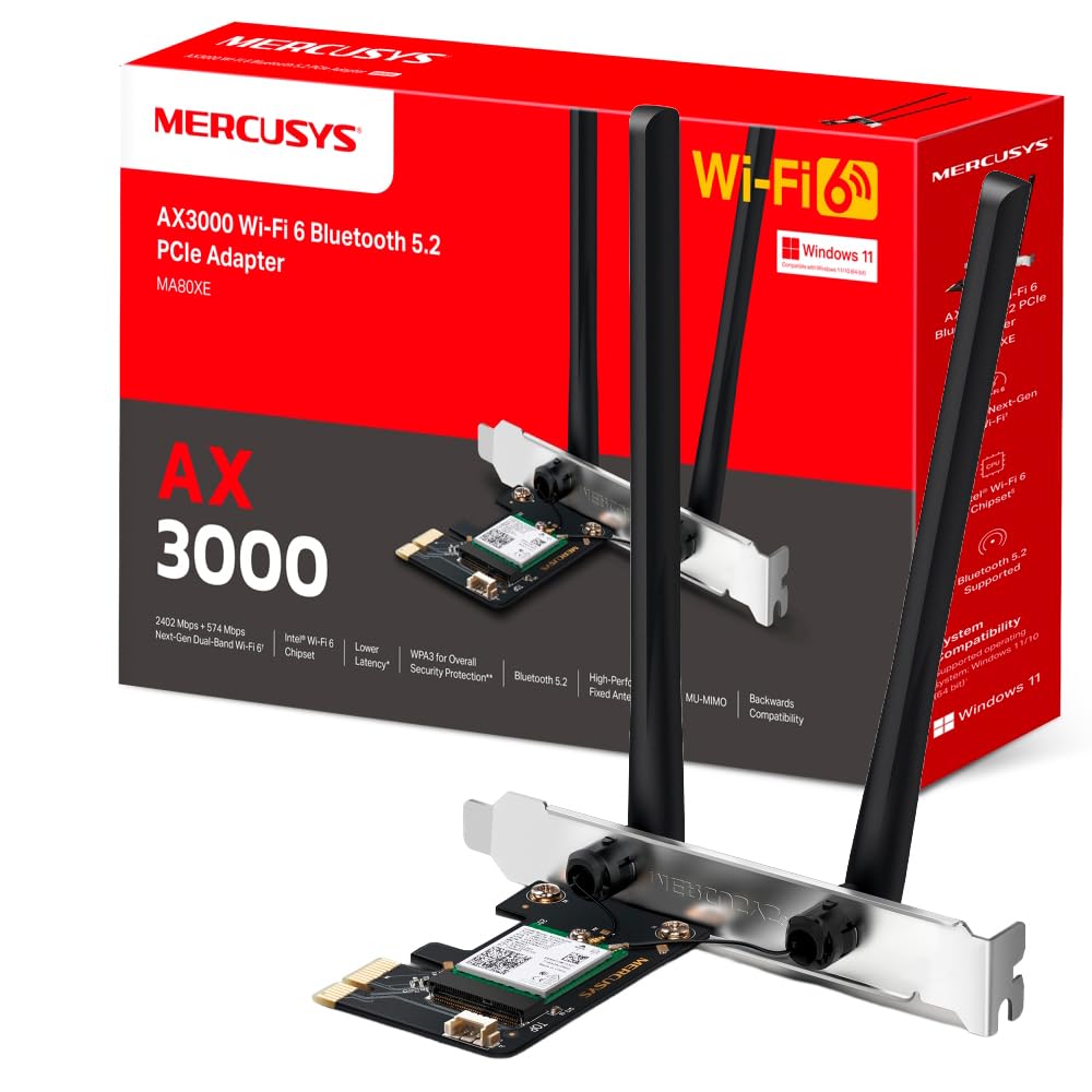 Mercusys MA80XE - AX3000 Wi-Fi 6 Bluetooth 5.2 Adaptador PCIe, Wi-Fi 2402 Mbps (5 GHz) + 574 Mbps (2.4 GHz), Chipset Intel WiFi 6, WPA3, Compatible con Windows 10, 11 (64 bit)