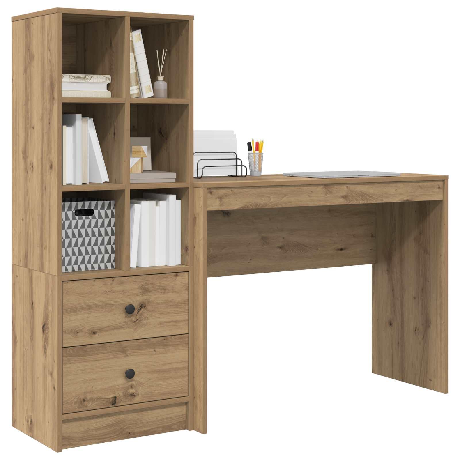 Scrivania in legno di ingegneria marrone con ripiani integrati, ampia superficie per computer e documenti, stile moderno minimalista per ufficio a casa