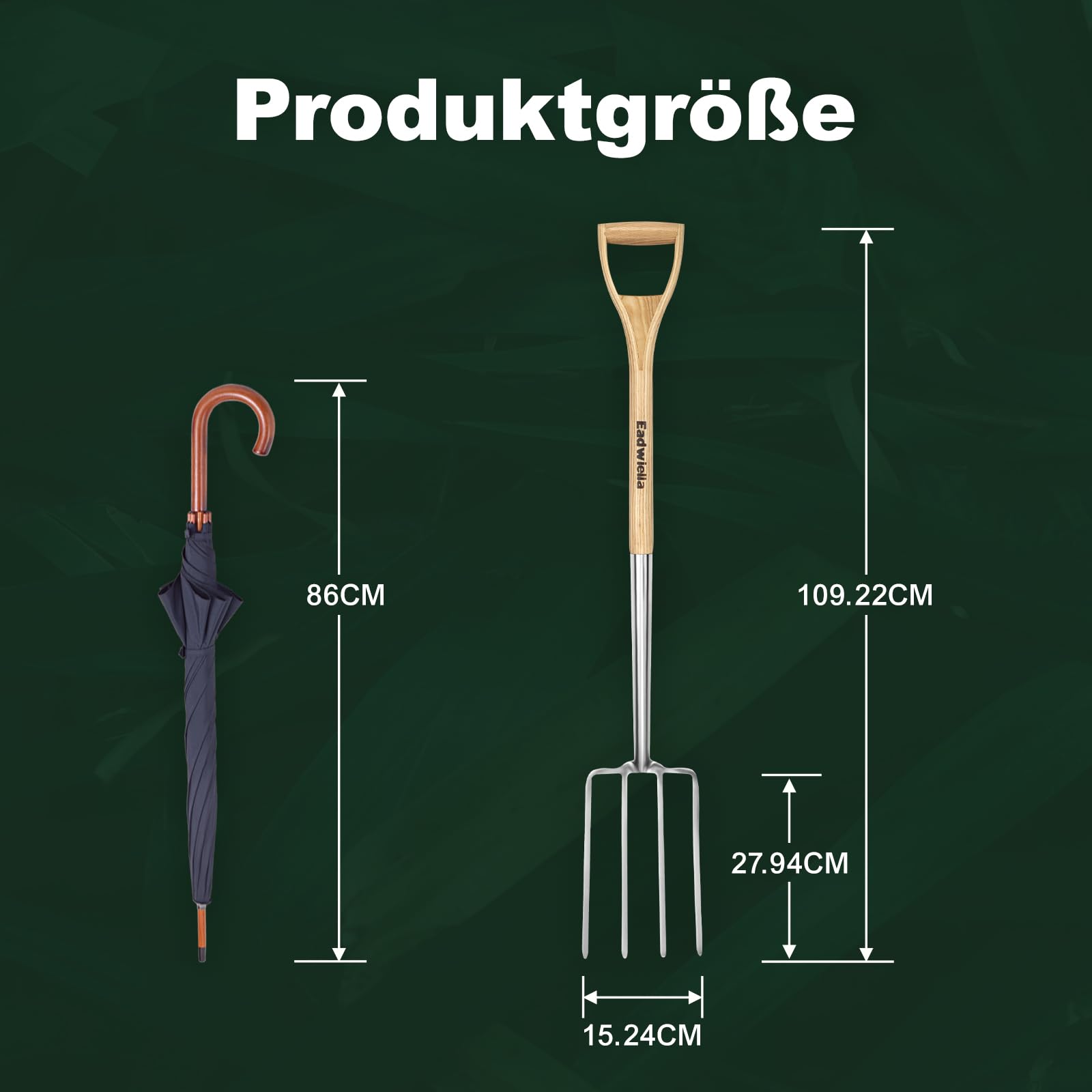 Grabegabel, Edelstahl Spatengabel, Mit Ergonomischem D-Griffholzgriff, Mit 4-Krallen, Länge: 109cm