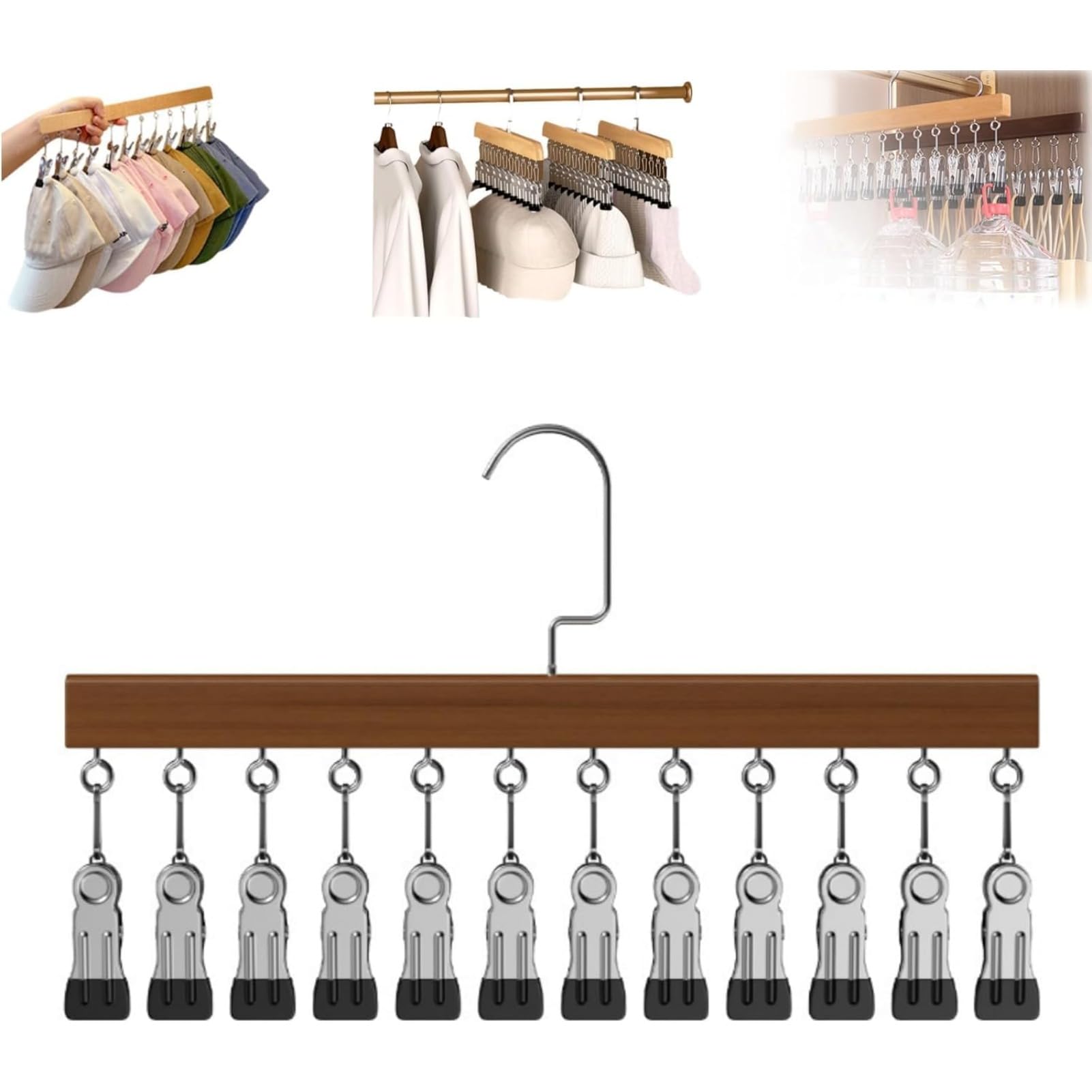 PsaltryCom Wooden Hat Organizer Hanger with 10/12 Clips Space Saving Cap Holder for Baseball Caps Socks Scarves Closet Storage Rack (Retro - 12 clips,1 piece)