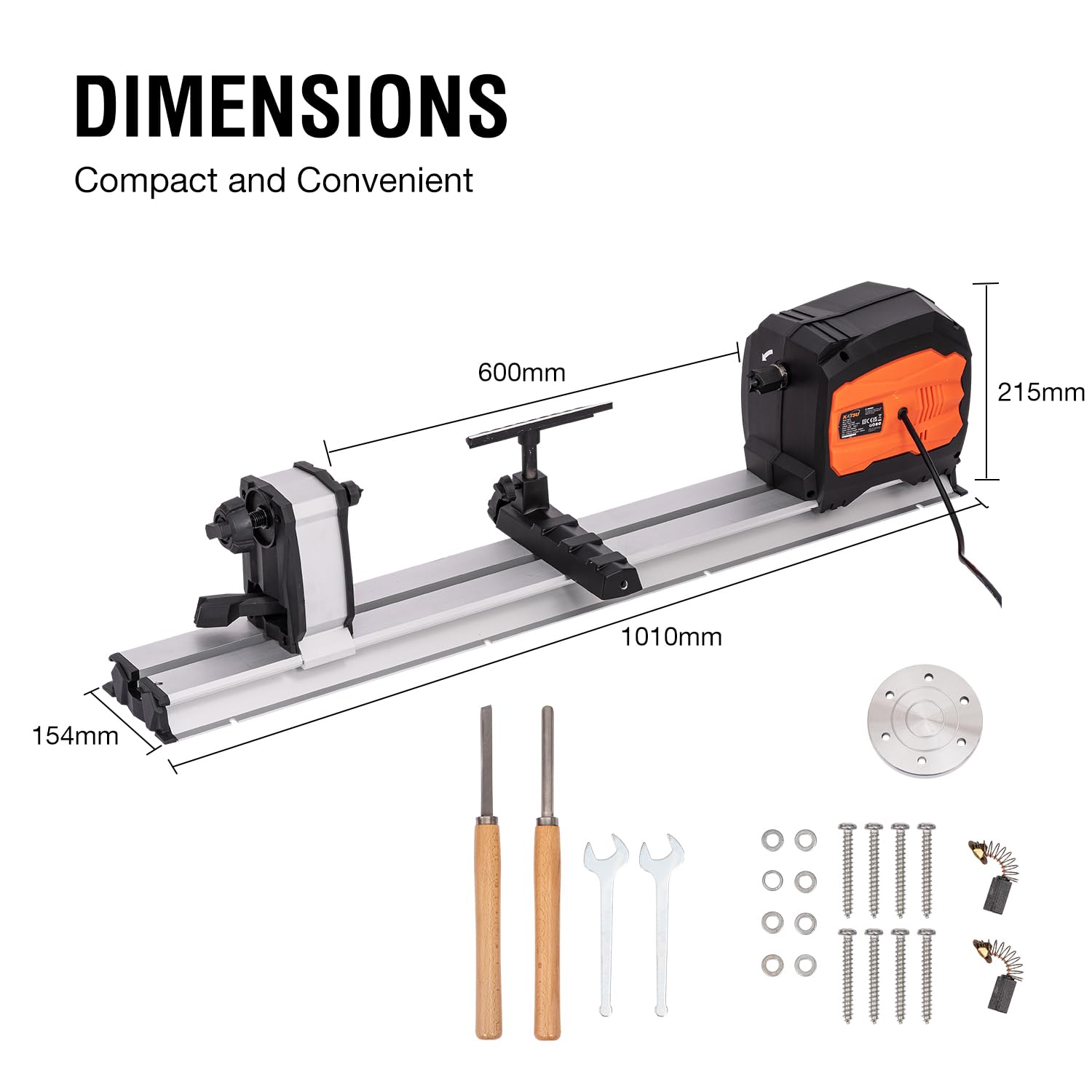 KATSU Mini tour à bois 550 W, vitesse variable, électrique, pour établi, longueur maximale de la pièce : 600 mm, pour projets de bricolage en menuiserie.