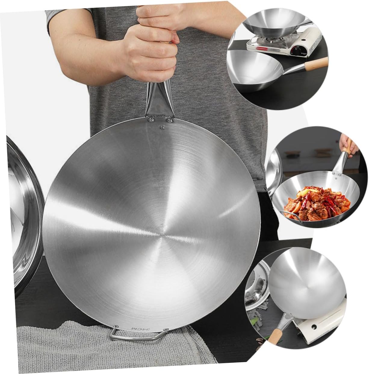 Stainless Steel Wok with Wooden Handle for Stove Cooking Multipurpose Frying Pan for Stir Fry Steam and Hot Pot Metal Cookware with Heat Resistant Handle