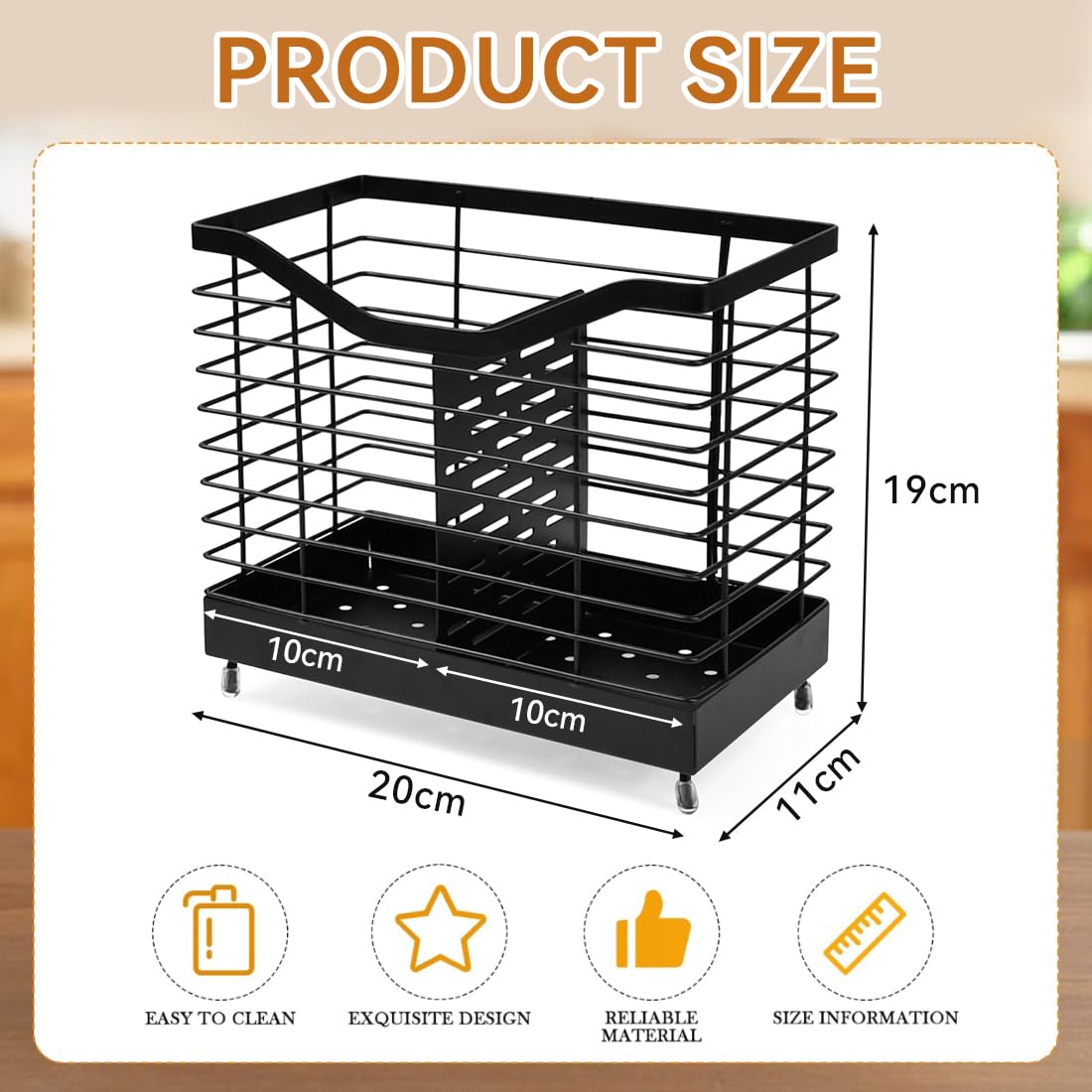 2 Fächer Küchenutensilienhalter Utensilienhalter Schwarz Halter für Küchenutensilien Organizer Metall 20x19x11cm Besteckhalter mit Ablaufboden Besteckkorb Utensilien Caddy für Arbeitsplatte