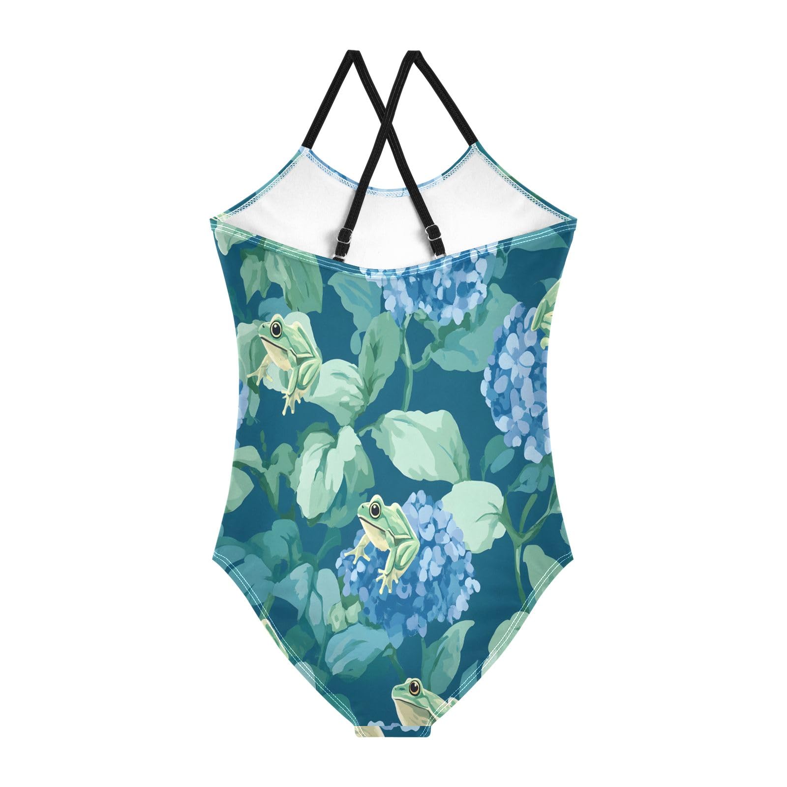 Green Frog Blue Hydrangea Pattern Girls One-Piece Swimsuit Beach Swim Bathing Suit