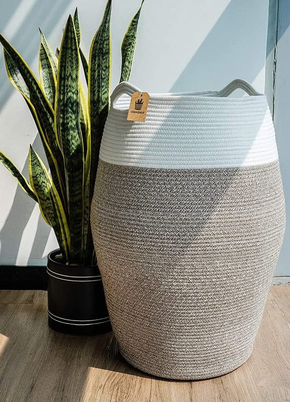 Image of GRATIFY Large Woven Rope Laundry Basket, 80 L Tall Dirty Clothes Hamper with Handles Storage Blankets, Toy for Bedroom, Living Room (Mix Brown White 1 Pcs)