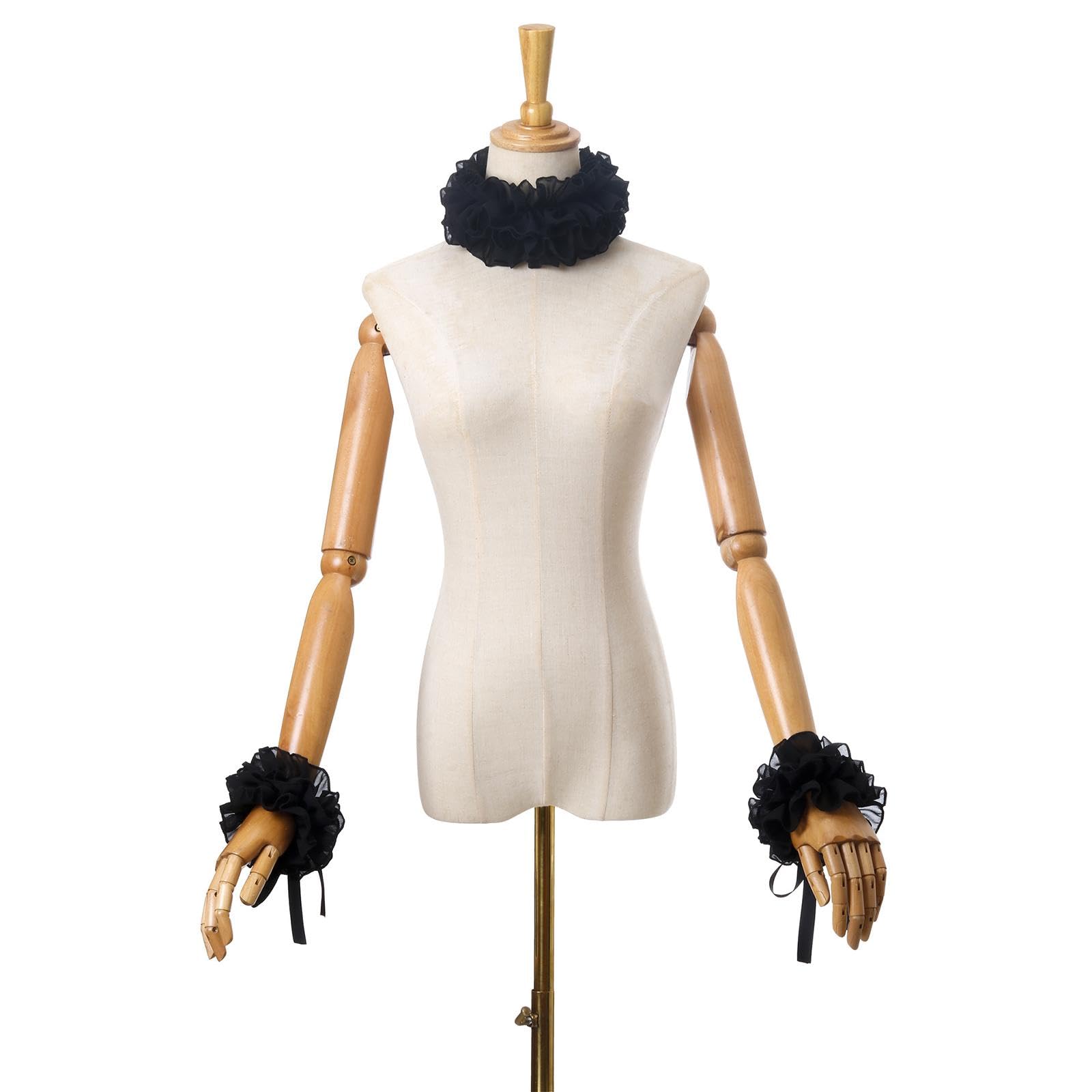 ZORESCOLEO Renaissances Clown Choker Faux Collar White Ruffled Neck Accessory and Wrist Cuffs for Masquerades and Dress Up Event